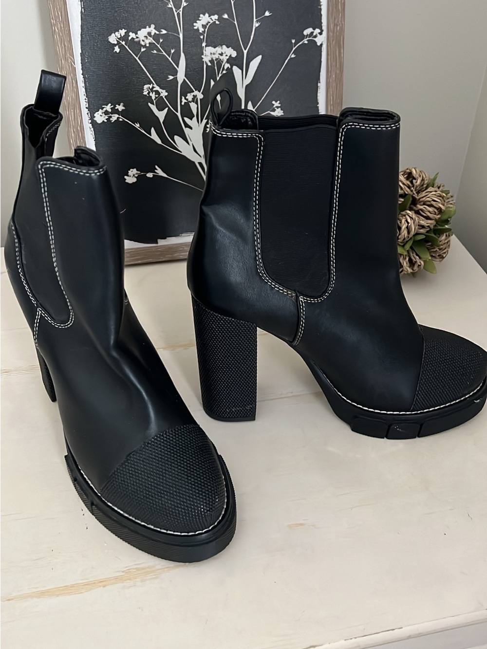 Public Desire Black Heeled Chelsea Boots with Contrast Stitching